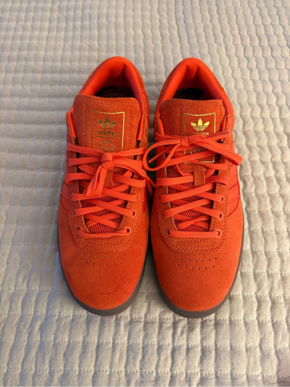adidas puig Men's Bright Orange Suede Sneakers with Gold Trefoil